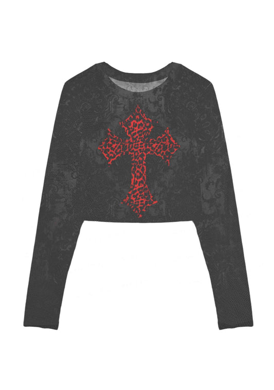 Dark Leopard Cross Y2K Mesh Long Sleeve Crop Top Cherrykitten