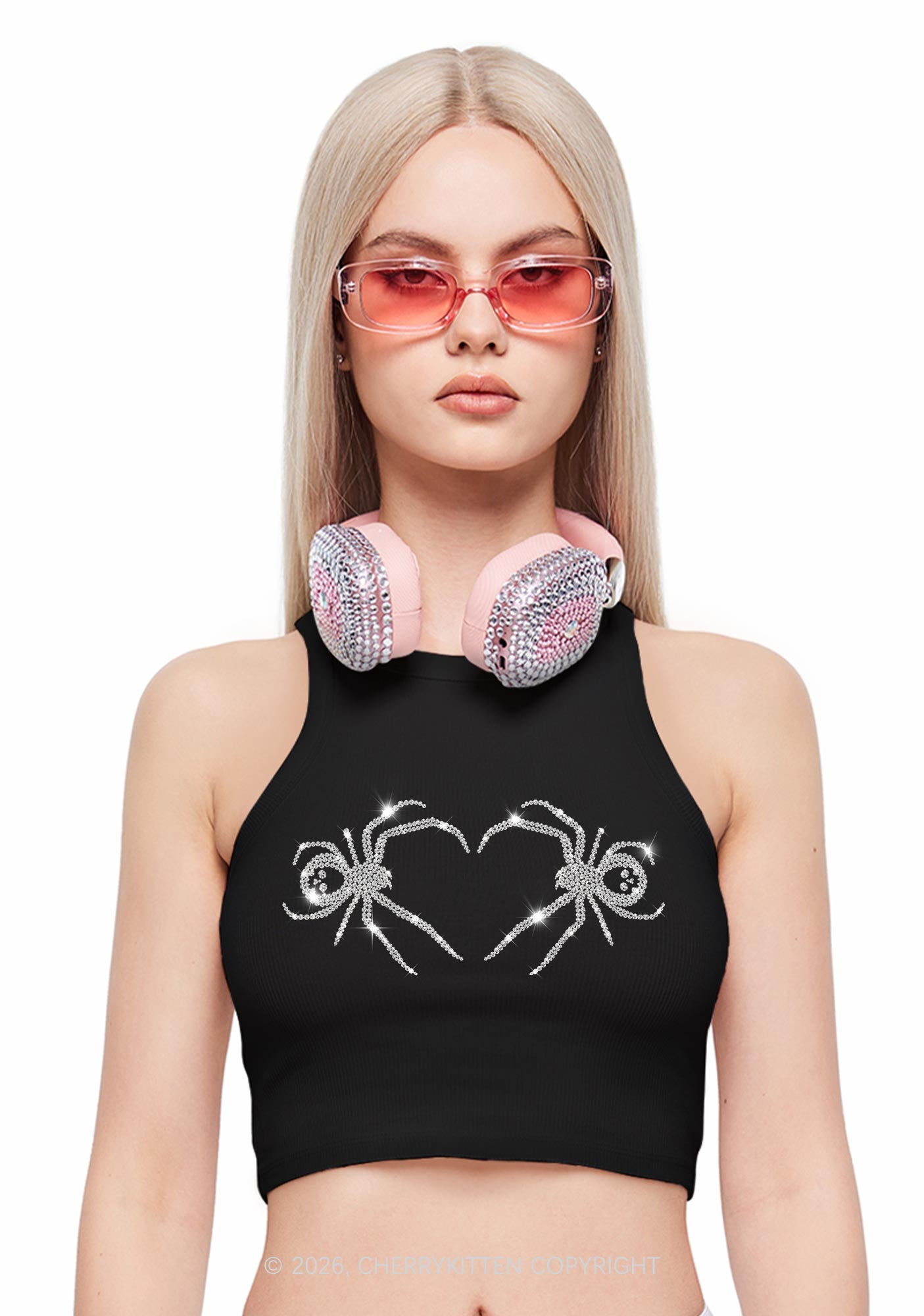 Rhinestone Skull Spider Y2K Crop Tank Top Cherrykitten