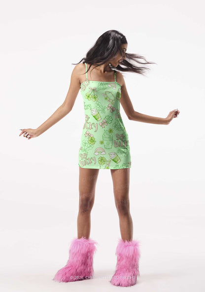 So Lucky Vibes St Patricks Y2K Print Slip Dress Cherrykitten