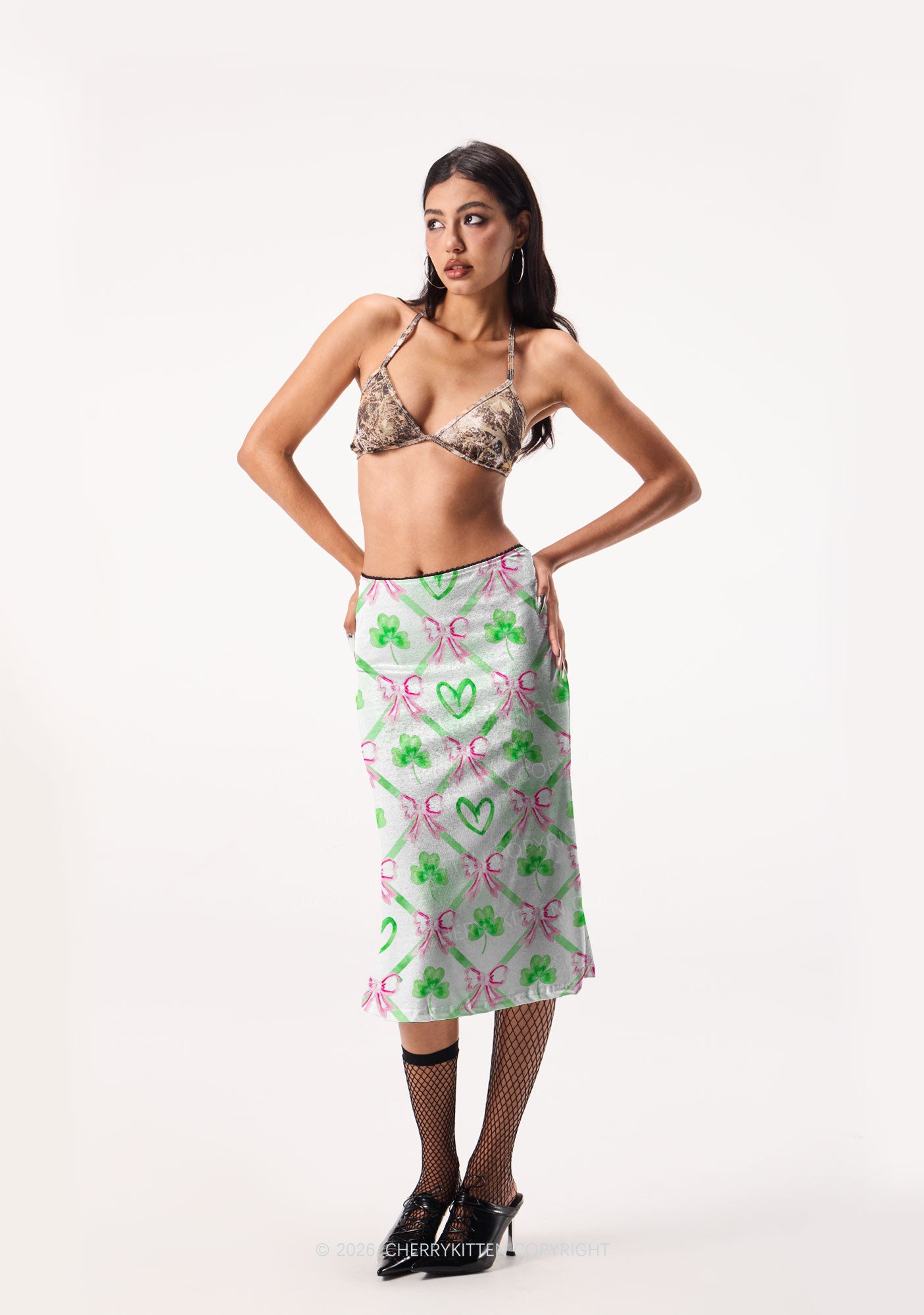 Shamrock Pink Bows St Patricks Y2K Print Midi Skirt Cherrykitten
