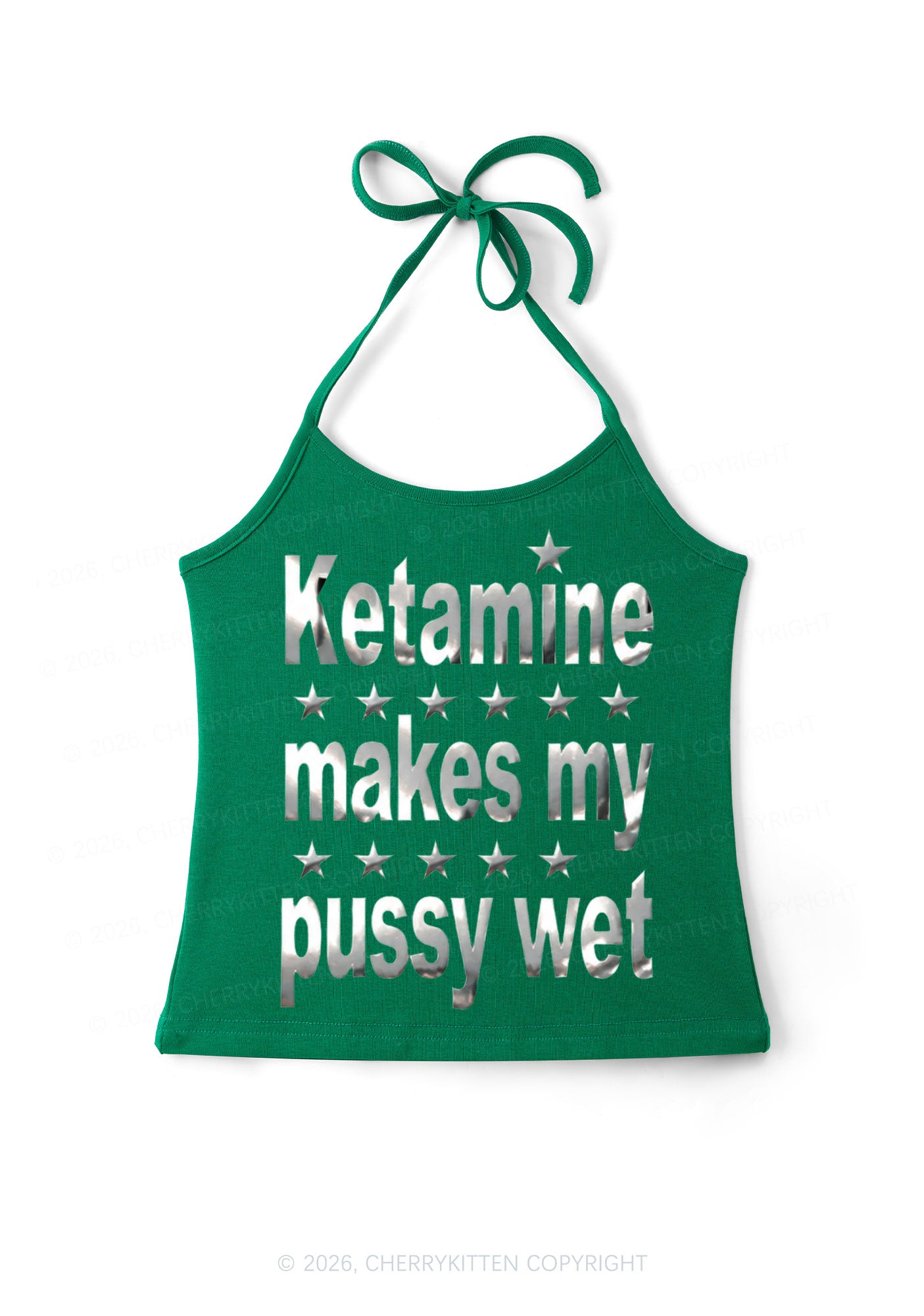 K Makes My Puxxy Wet Silver Foil Printed Y2K Halter Neck Cami Cherrykitten