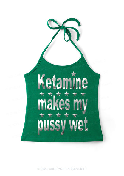 K Makes My Puxxy Wet Silver Foil Printed Y2K Halter Neck Cami Cherrykitten