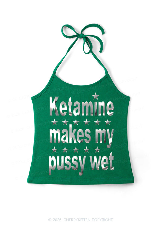 K Makes My Puxxy Wet Silver Foil Printed Y2K Halter Neck Cami Cherrykitten