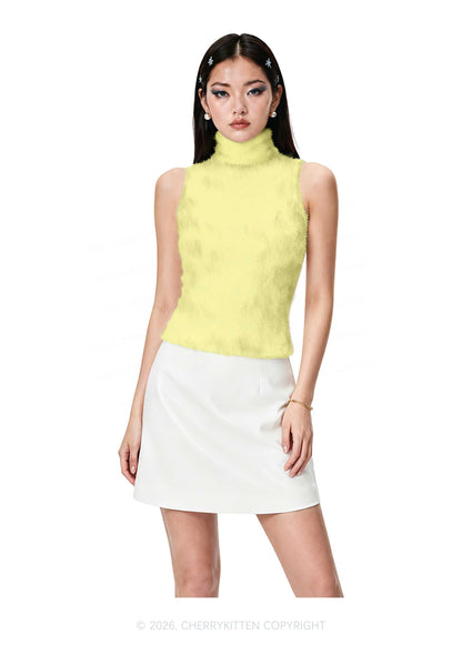 Plain Pale Yellow Y2K Knit Turtleneck Tank Top Cherrykitten