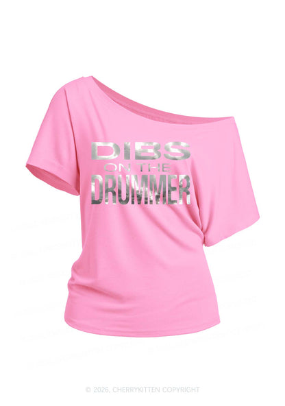 Dibs On The Drummer Silver Foil Printed Y2K Off Shoulder Tee Cherrykitten