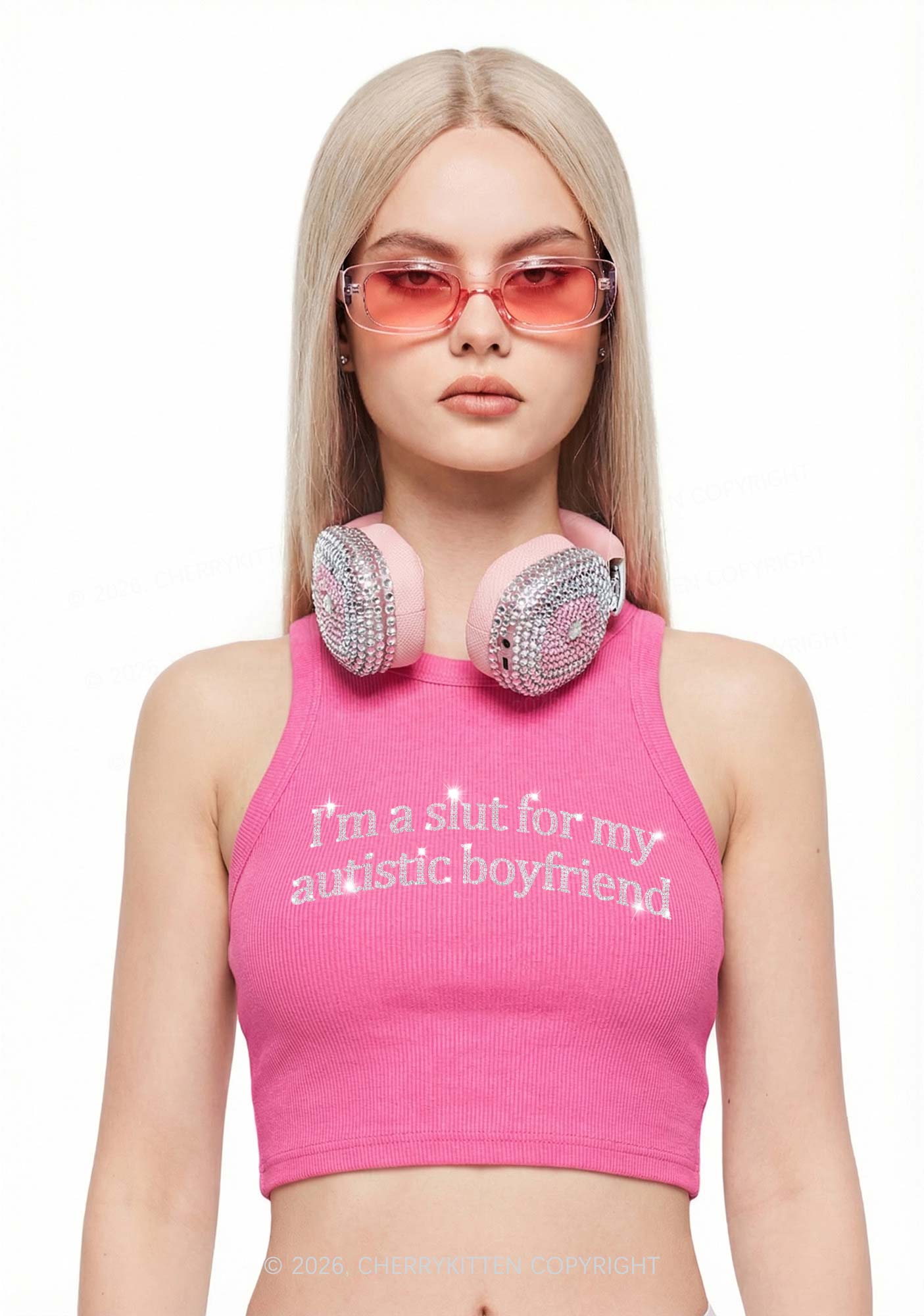 Rhinestone Slxt For My Autistic BF Y2K Crop Tank Top Cherrykitten