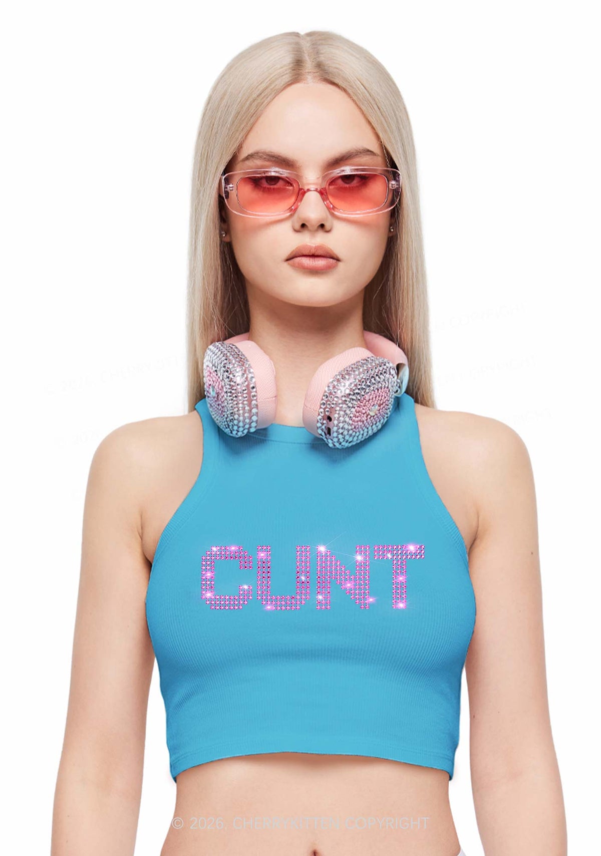 Rhinestone Pink Cxxt Y2K Crop Tank Top Cherrykitten