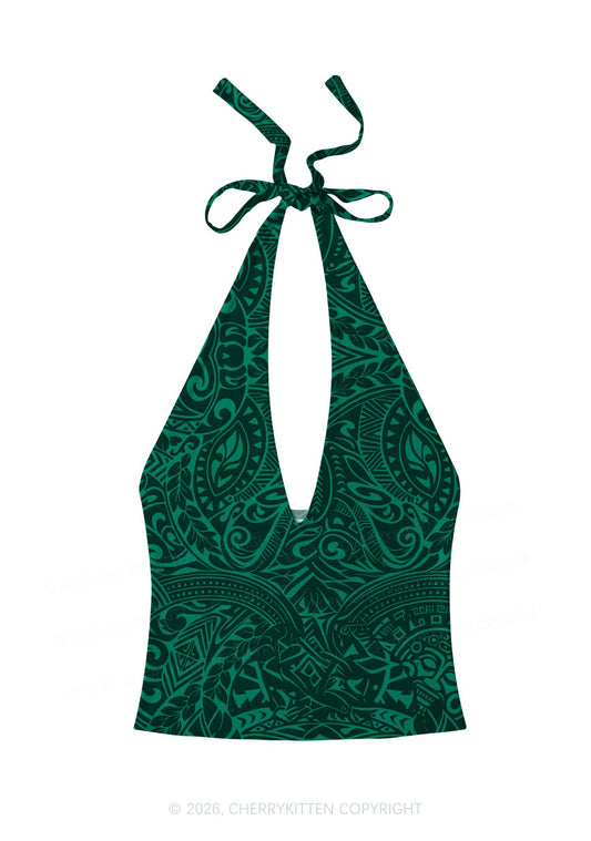 Green Swirl Leaf Y2K Print Halter Deep V Neck Cami Cherrykitten