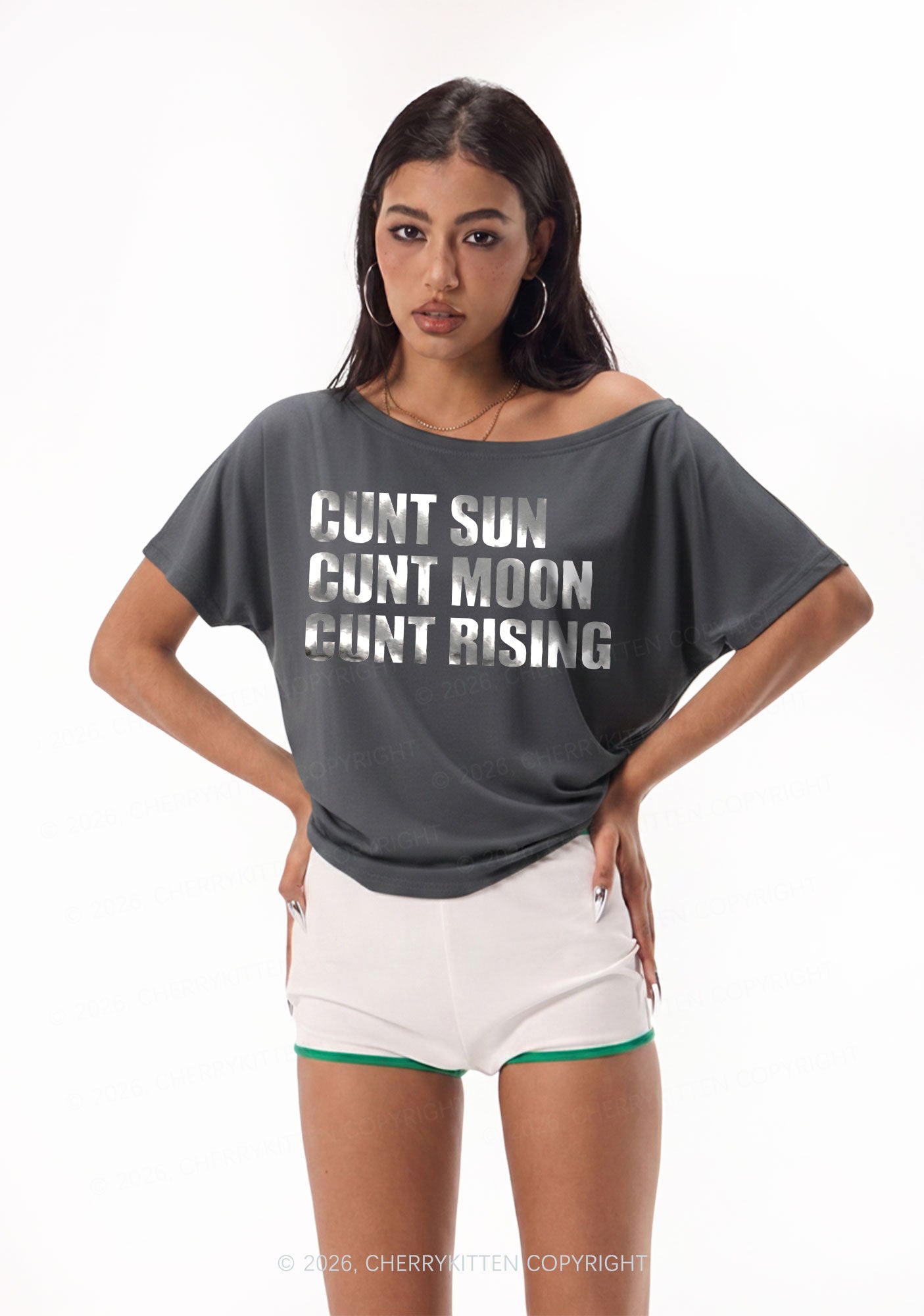 Cxxt Sun Moon Rising Silver Foil Printed Y2K Off Shoulder Tee Cherrykitten
