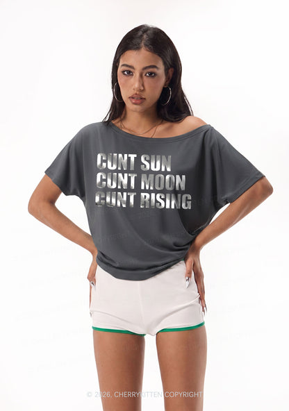 Cxxt Sun Moon Rising Silver Foil Printed Y2K Off Shoulder Tee Cherrykitten