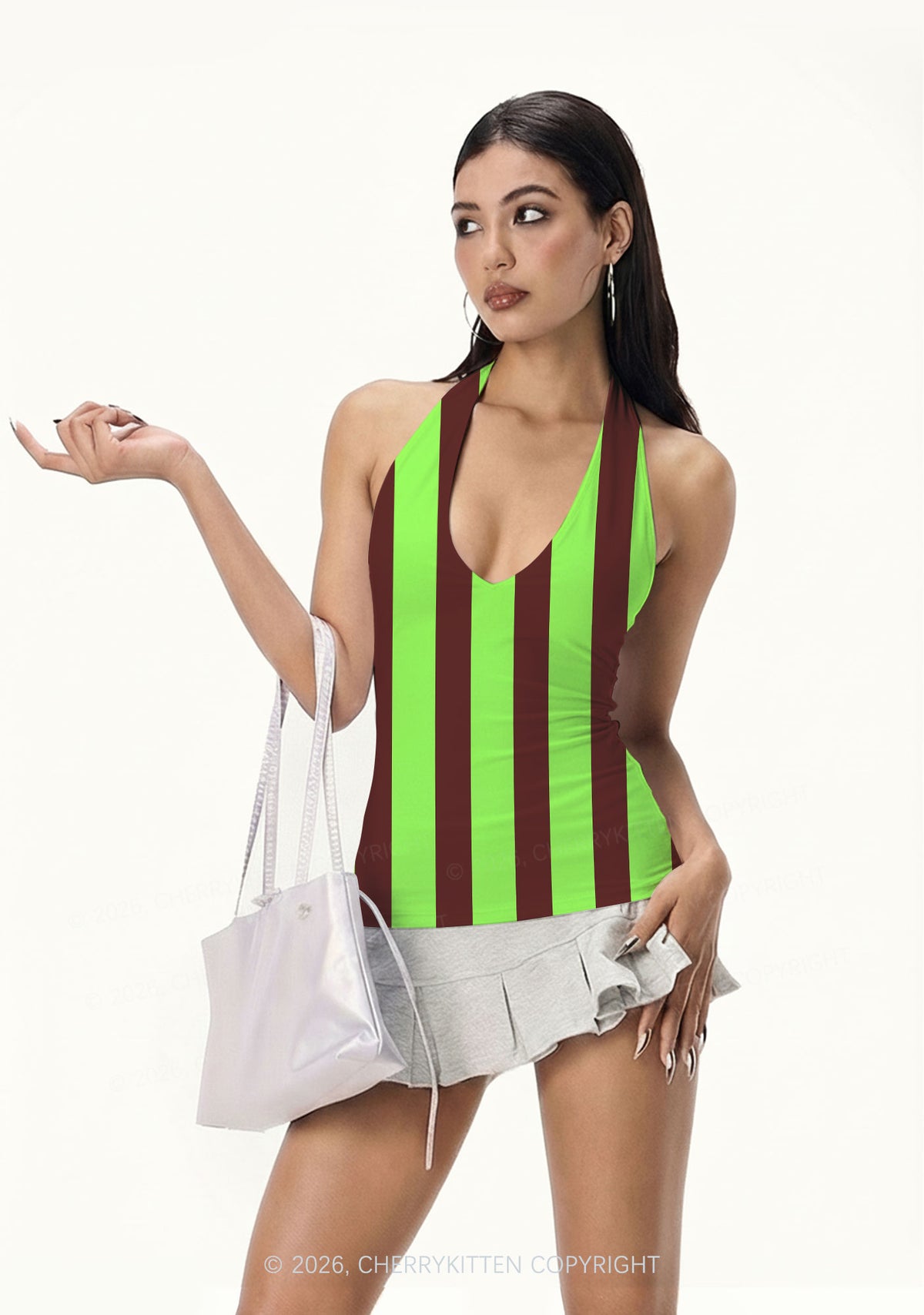 Green Brown Stripes Y2K Print Halter Deep V Neck Cami Cherrykitten