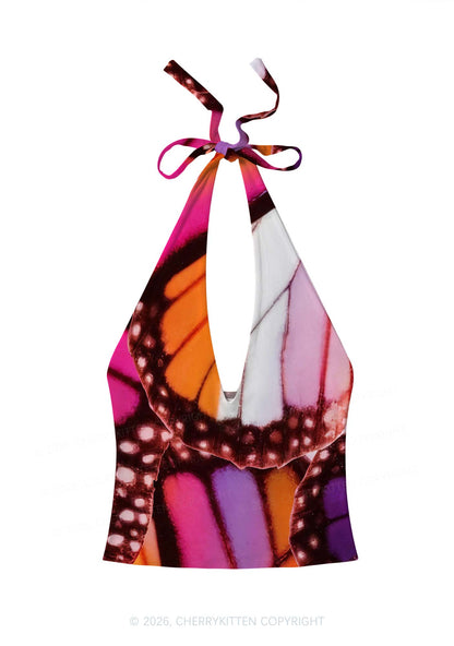 Lesbian Butterfly Wing Pride Y2K Print Halter Deep V Neck Cami Cherrykitten