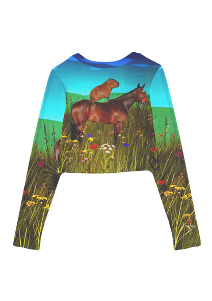 Horseback Capybara Y2K Mesh Long Sleeve Crop Top Cherrykitten