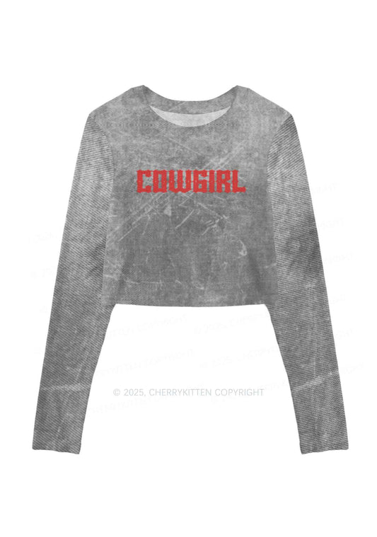 Vintage Cowgirl Y2K Mesh Long Sleeve Crop Top Cherrykitten