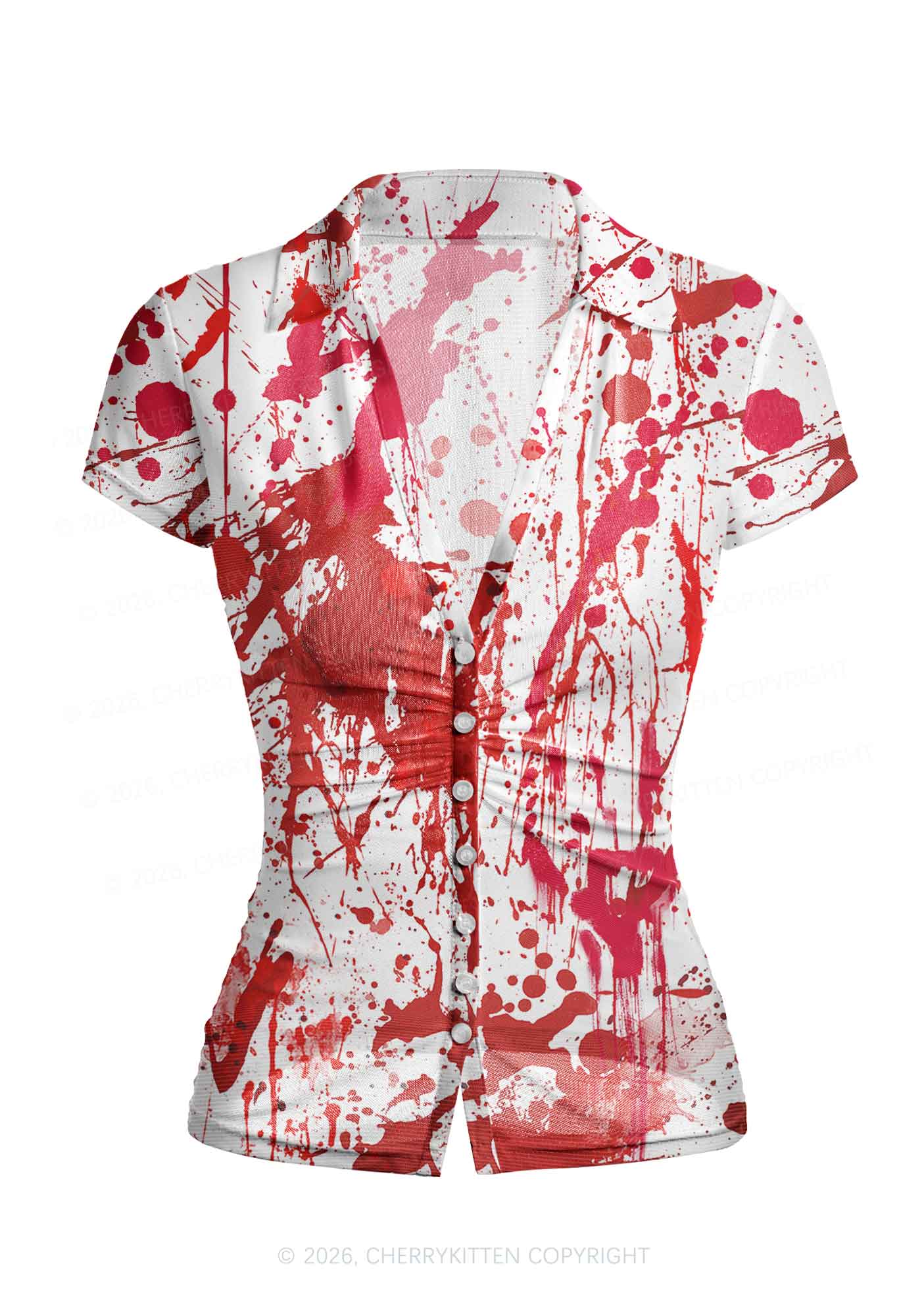 Halloween Red Blood On White Y2K Mesh Ruched  Waist  V Neck Top Cherrykitten