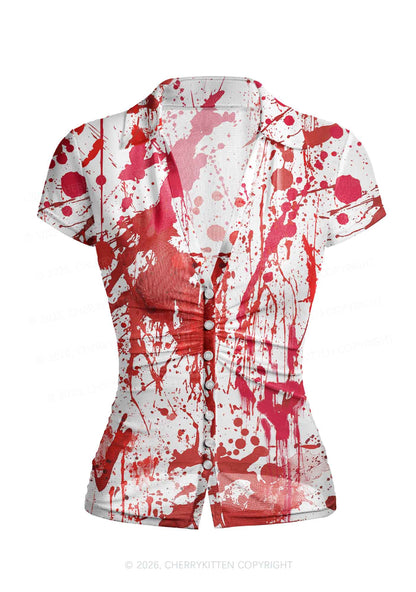 Halloween Red Blood On White Y2K Mesh Ruched  Waist  V Neck Top Cherrykitten