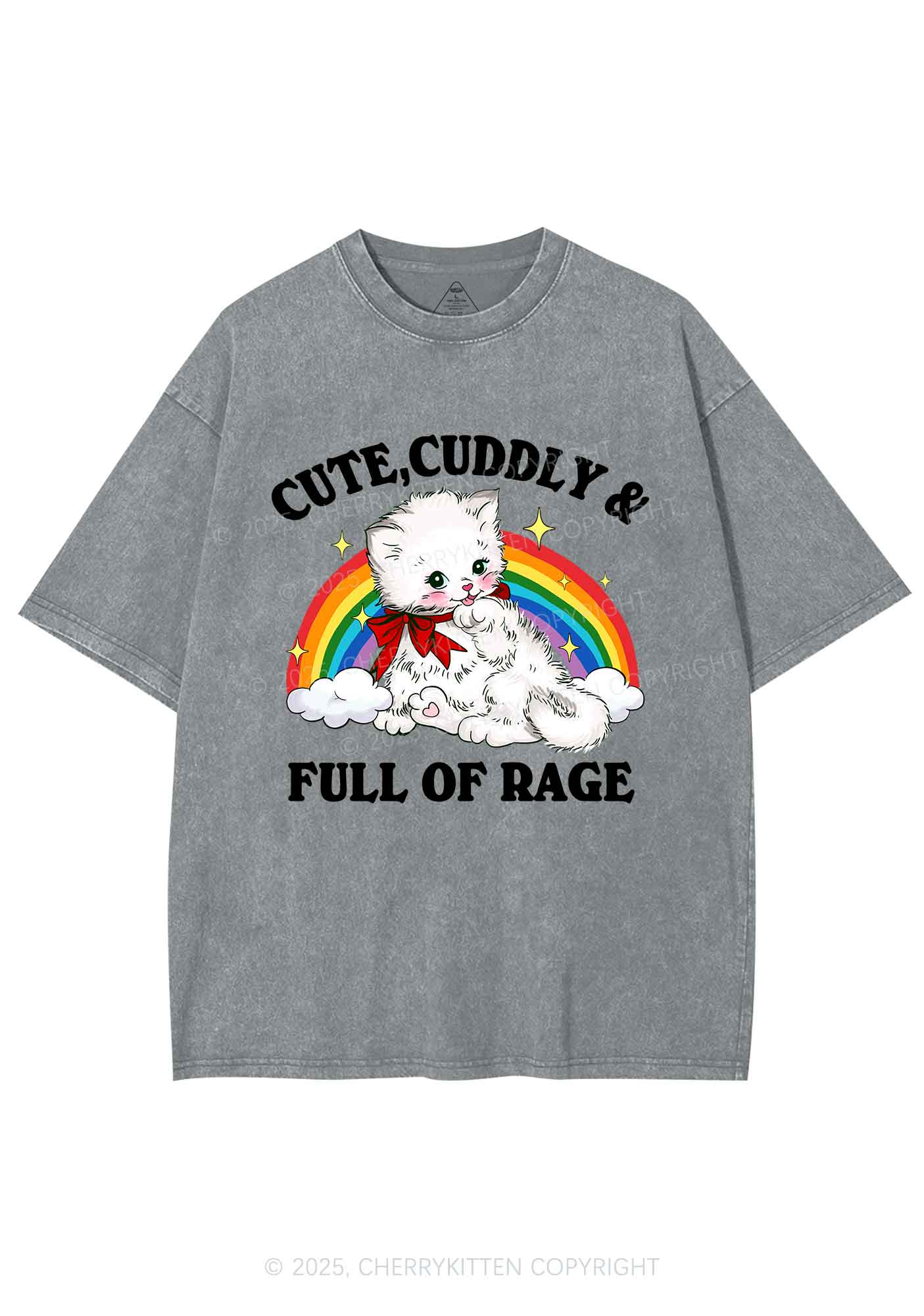Cuddly Cat Full Of Rage Y2K Shirts Washed Tee Cherrykitten