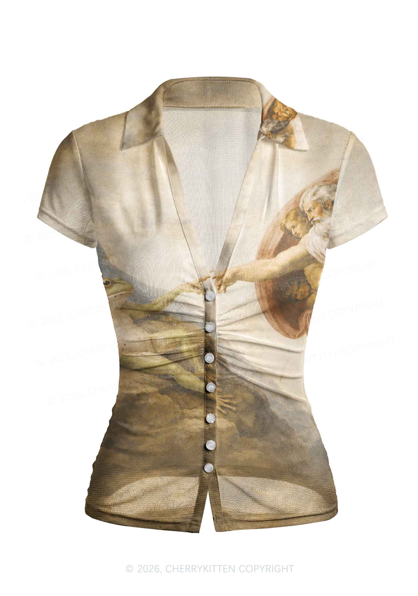 God Hand Touching Frog Y2K Mesh Ruched? Waist??V Neck?Top Cherrykitten