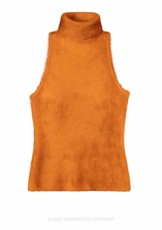 Plain Orange Y2K Knit Turtleneck Tank Top Cherrykitten