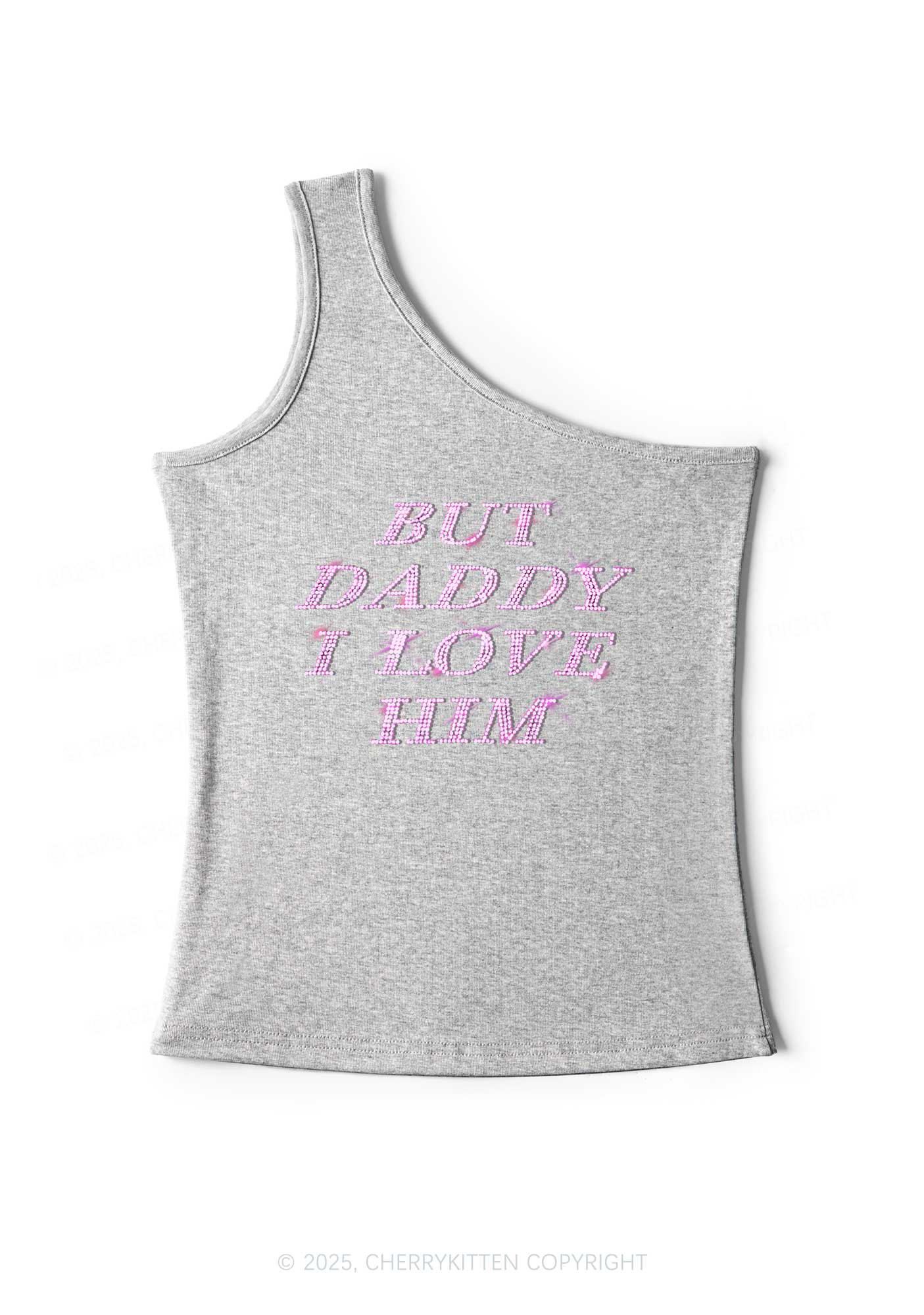 Rhinestone But Daddy I Love Him Y2K One Shoulder Tank Top Cherrykitten