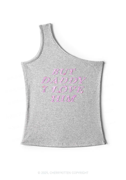 Rhinestone But Daddy I Love Him Y2K One Shoulder Tank Top Cherrykitten