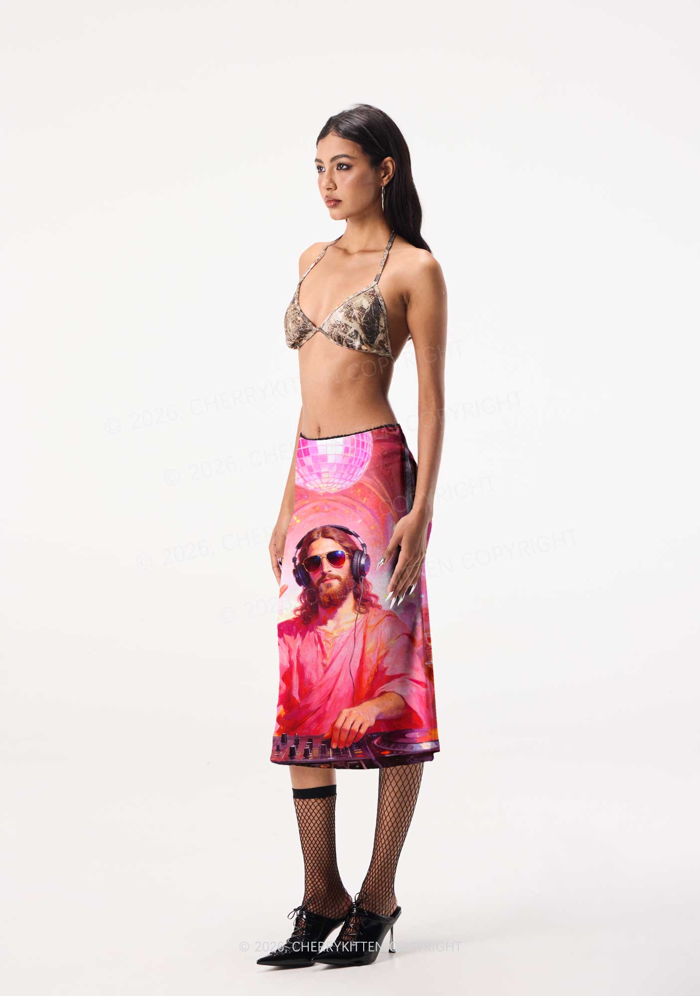Disco Jesus DJ Y2K Print Midi Skirt Cherrykitten