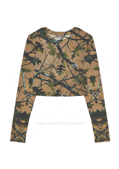 Branches Camouflage Y2K Mesh Long Sleeve Crop Top Cherrykitten