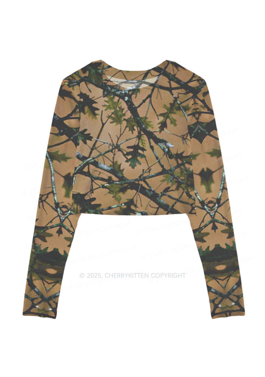 Branches Camouflage Y2K Mesh Long Sleeve Crop Top Cherrykitten