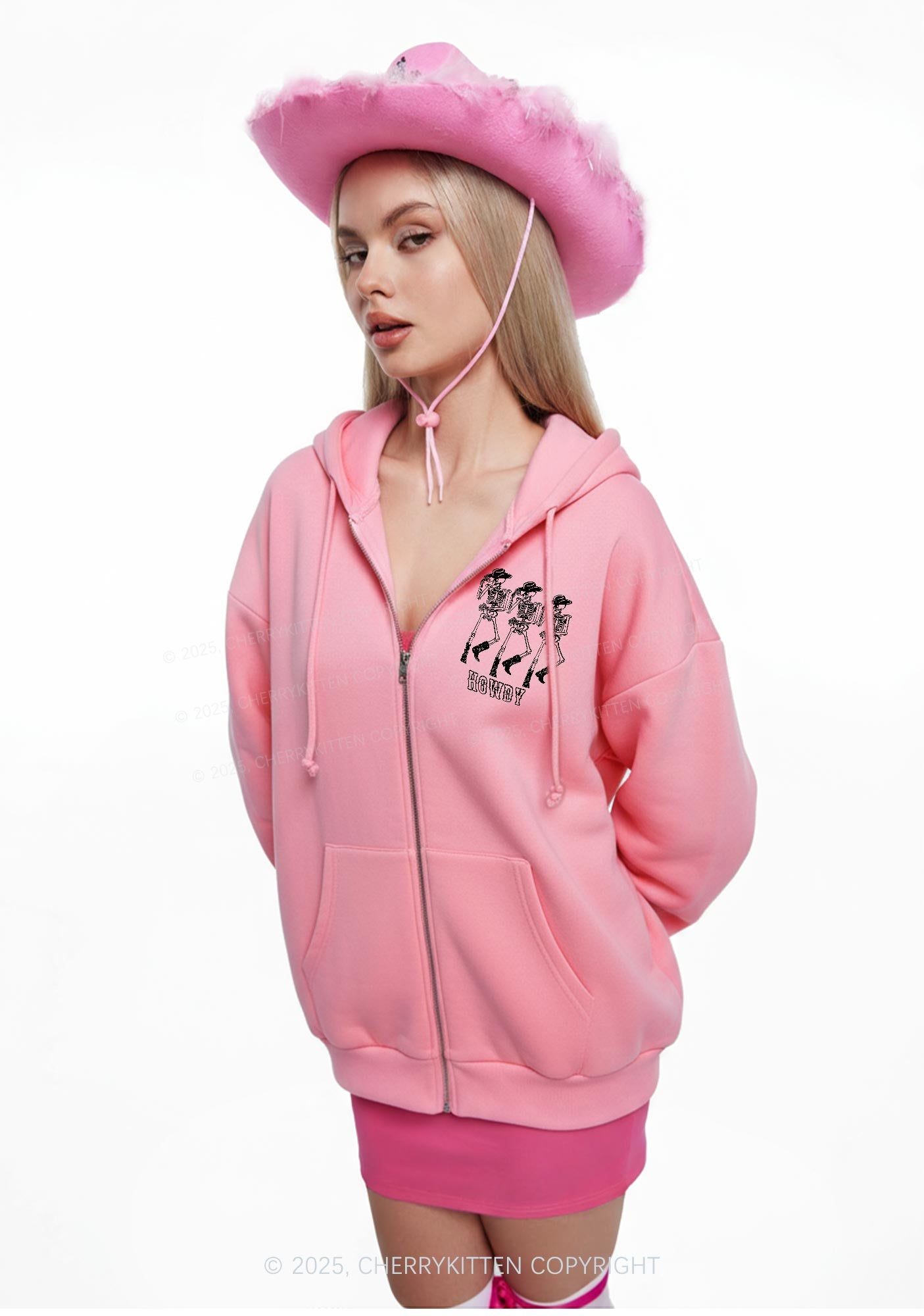 Halloween Howdy Dancing Skeletons Y2K Bunny Ear Zip Hoodie Cherrykitten