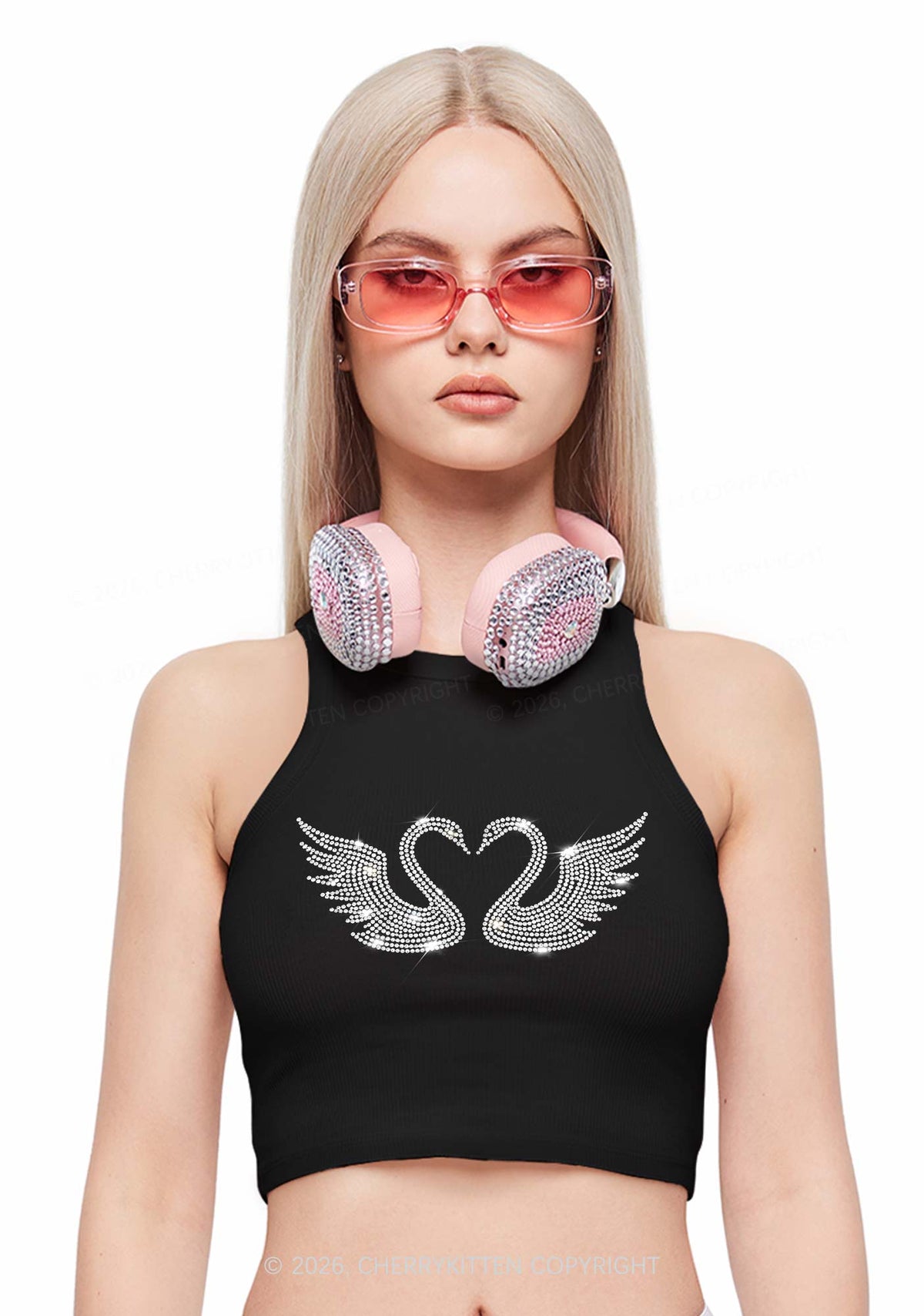 Rhinestone Swans Y2K Crop Tank Top Cherrykitten