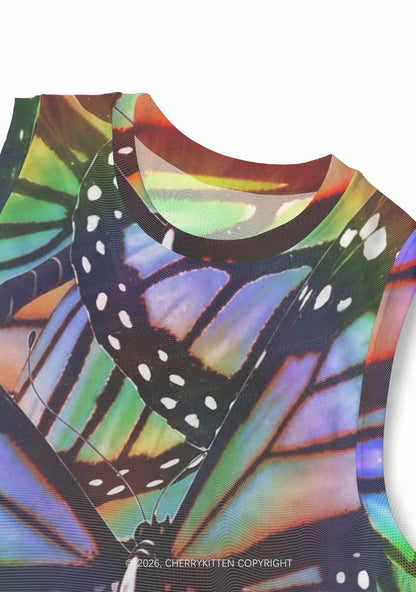 Rainbow Butterfly Y2K Mesh Muscle Tank Cherrykitten