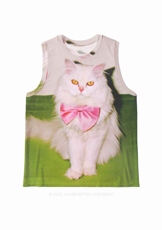 Pink Bow Cat Y2K Mesh Muscle Tank Cherrykitten