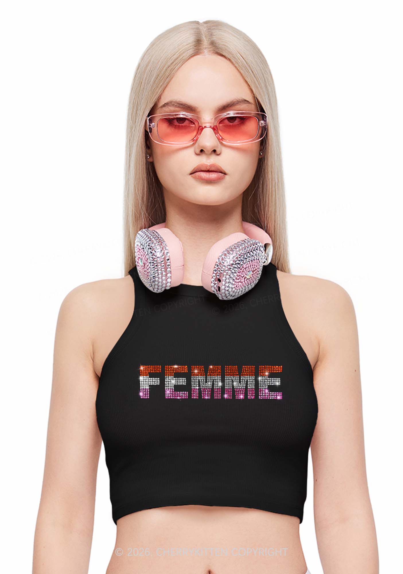 Rhinestone Femme Pride Y2K Crop Tank Top Cherrykitten