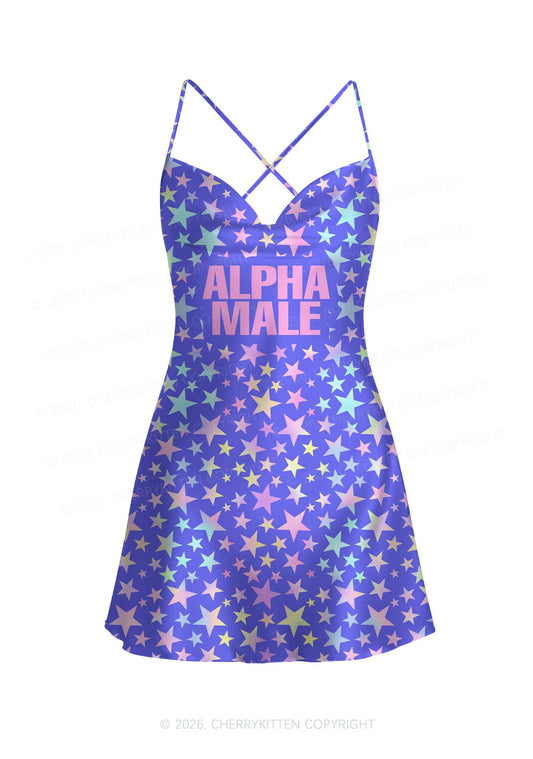 Purple Alpha Male Y2K Print Satin Cowl Neck Slip Dress Cherrykitten