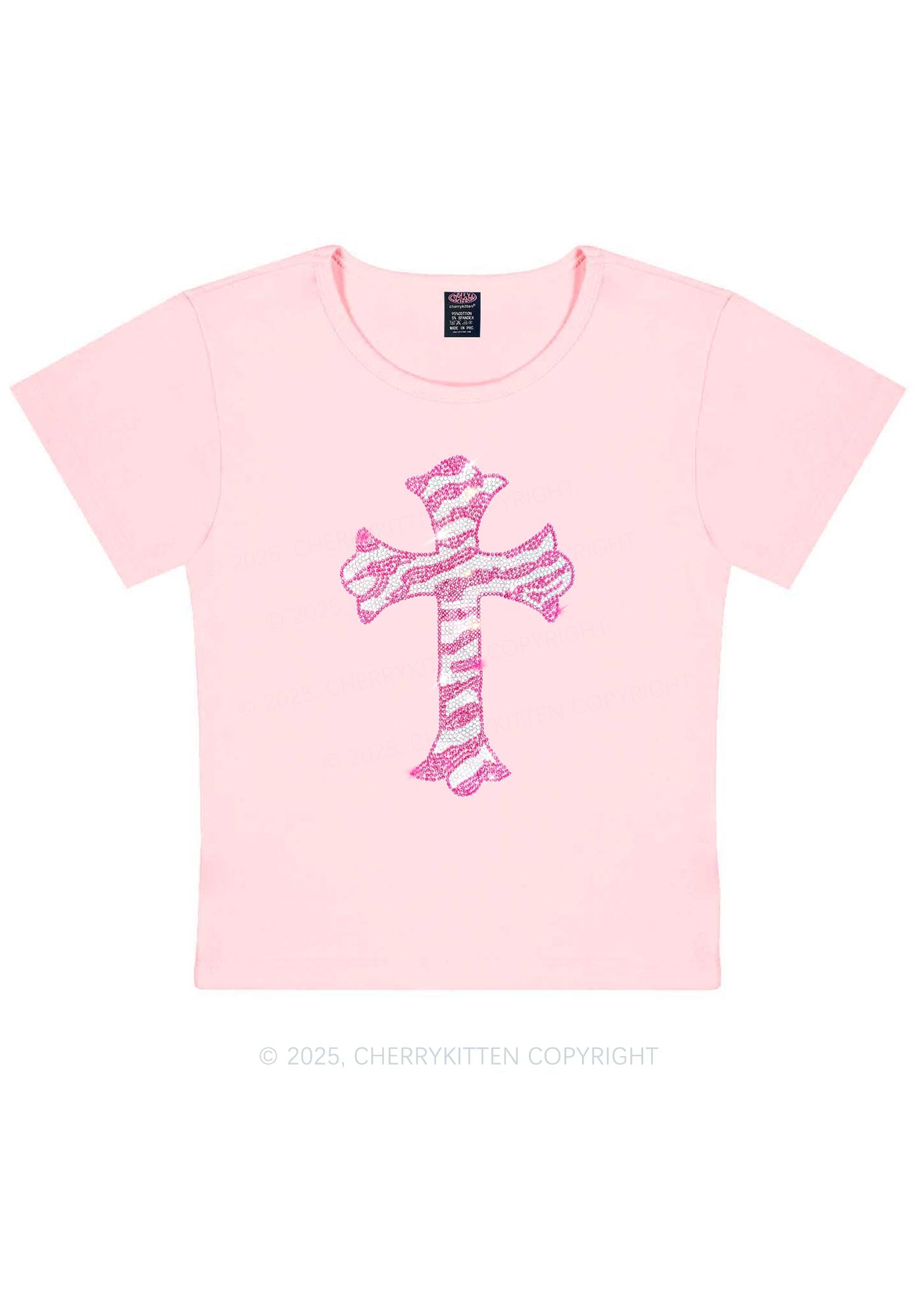 Rhinestone Pink Cross Y2K Baby Tee Cherrykitten