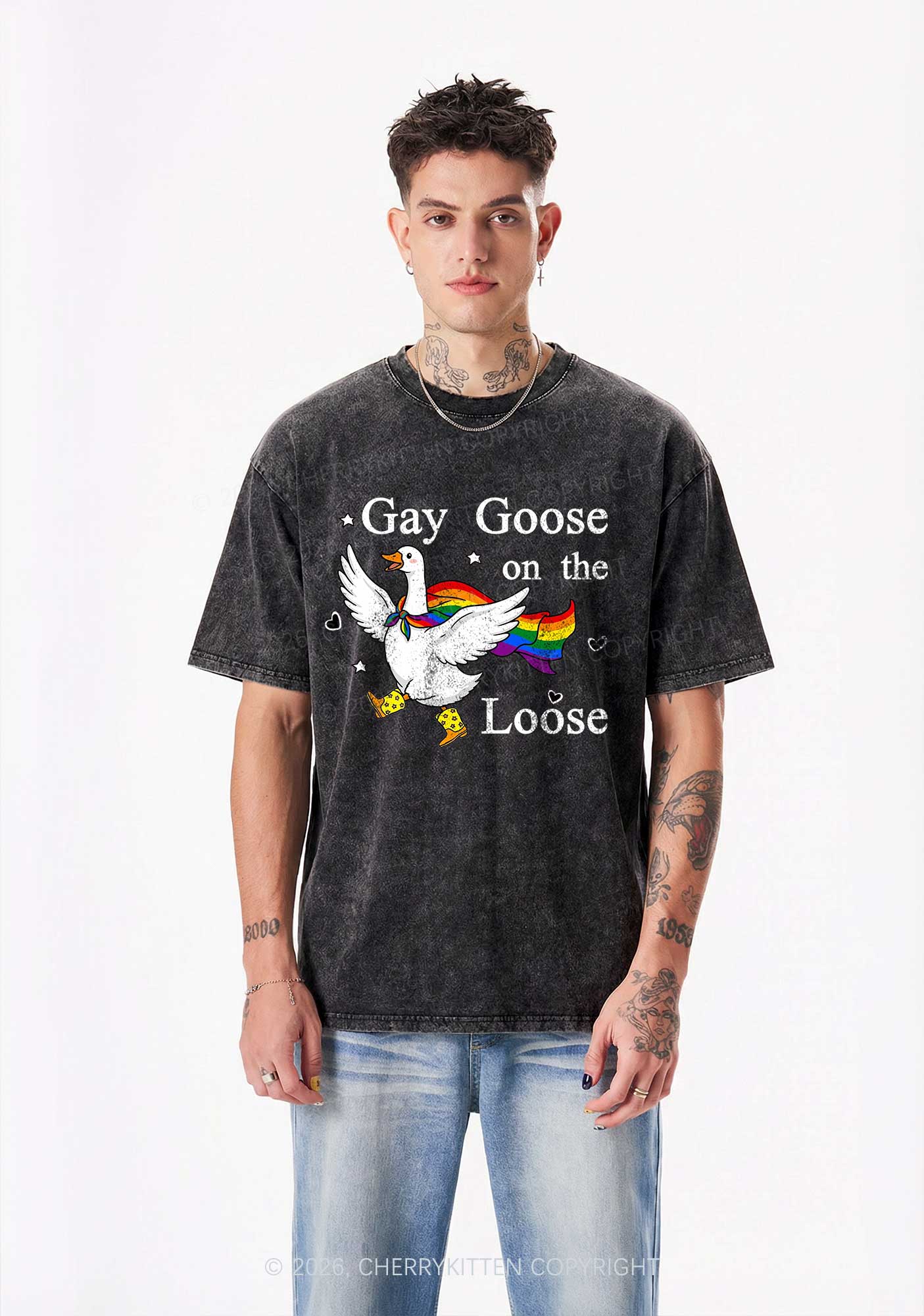 Gay Goose On The Loose Pride Y2K Shirts Washed Tee Cherrykitten