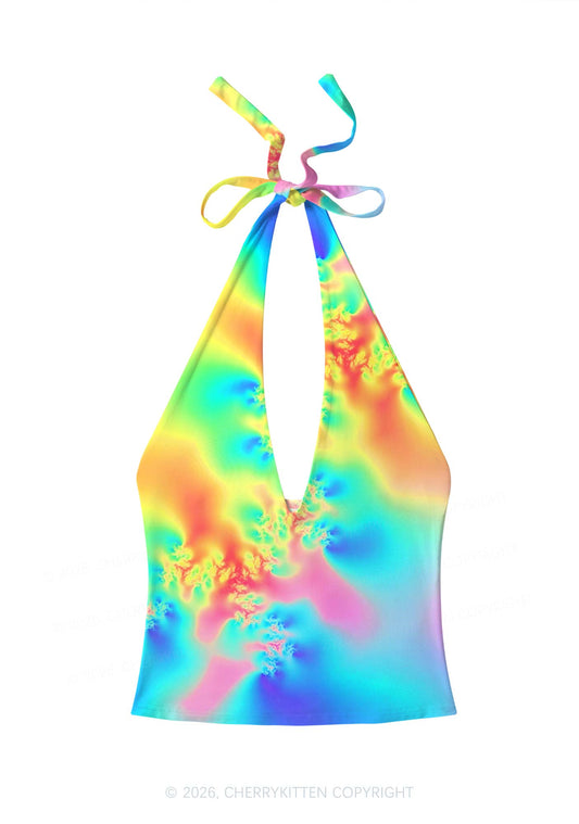 Rainbow Thermal Pride Y2K Print Halter Deep V Neck Cami Cherrykitten