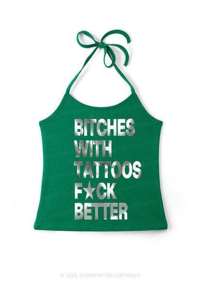 Bxxches With Tattoos Fxxk Better Silver Foil Printed Y2K Halter Neck Cami Cherrykitten