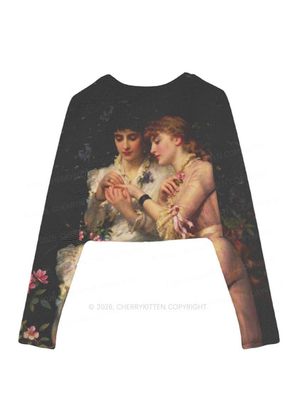 Vintage Victorian Women Art Pride Y2K Mesh Long Sleeve Crop Top Cherrykitten