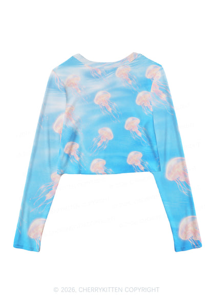 Pink Jellyfish Underwater Y2K Mesh Long Sleeve Crop Top Cherrykitten