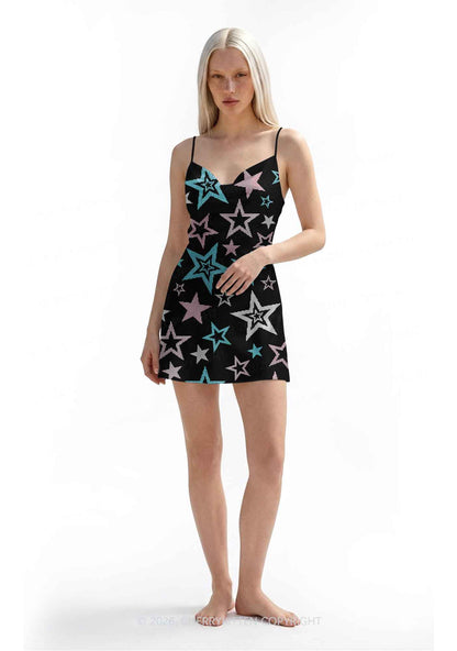 Trans Star Pride Y2K Print Satin Cowl Neck Slip Dress Cherrykitten