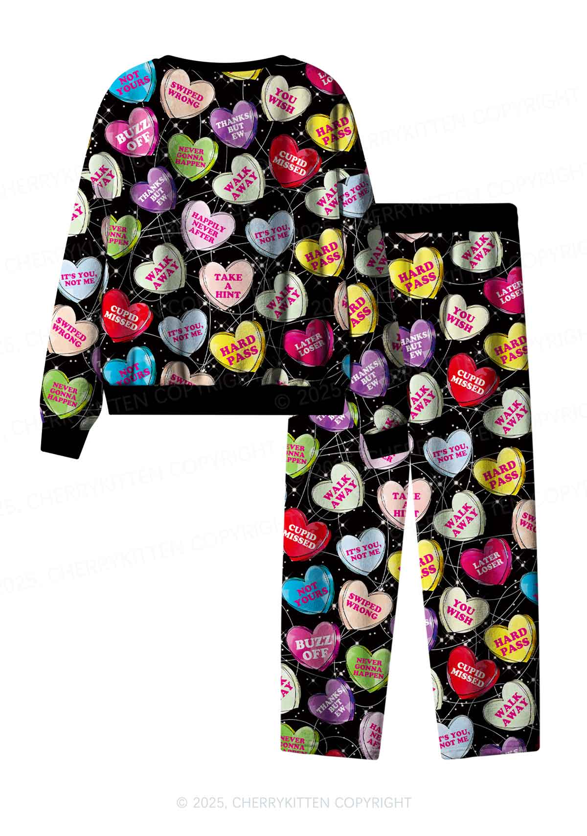 Anti Romantic Candy Y2K Valentine's Day Fleece Long Sleeve Pajama Set Cherrykitten