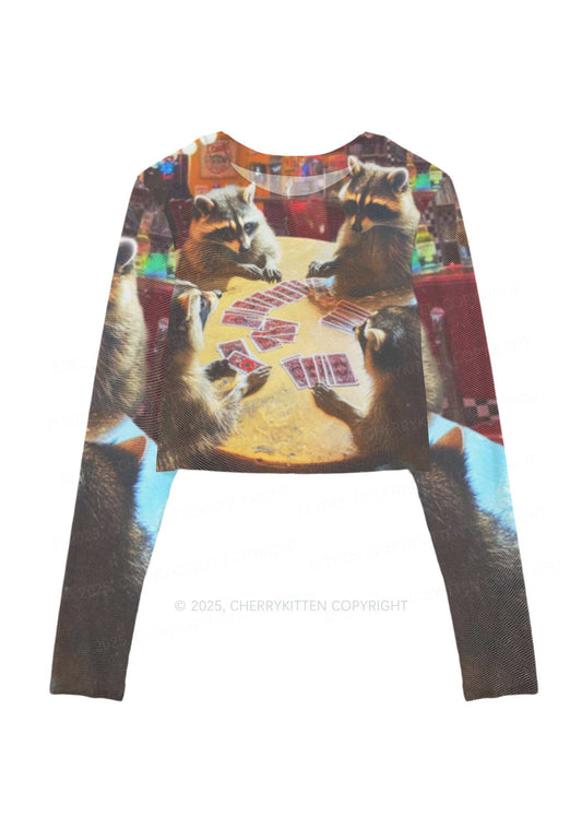 Raccoon Poker Y2K Mesh Long Sleeve Crop Top Cherrykitten