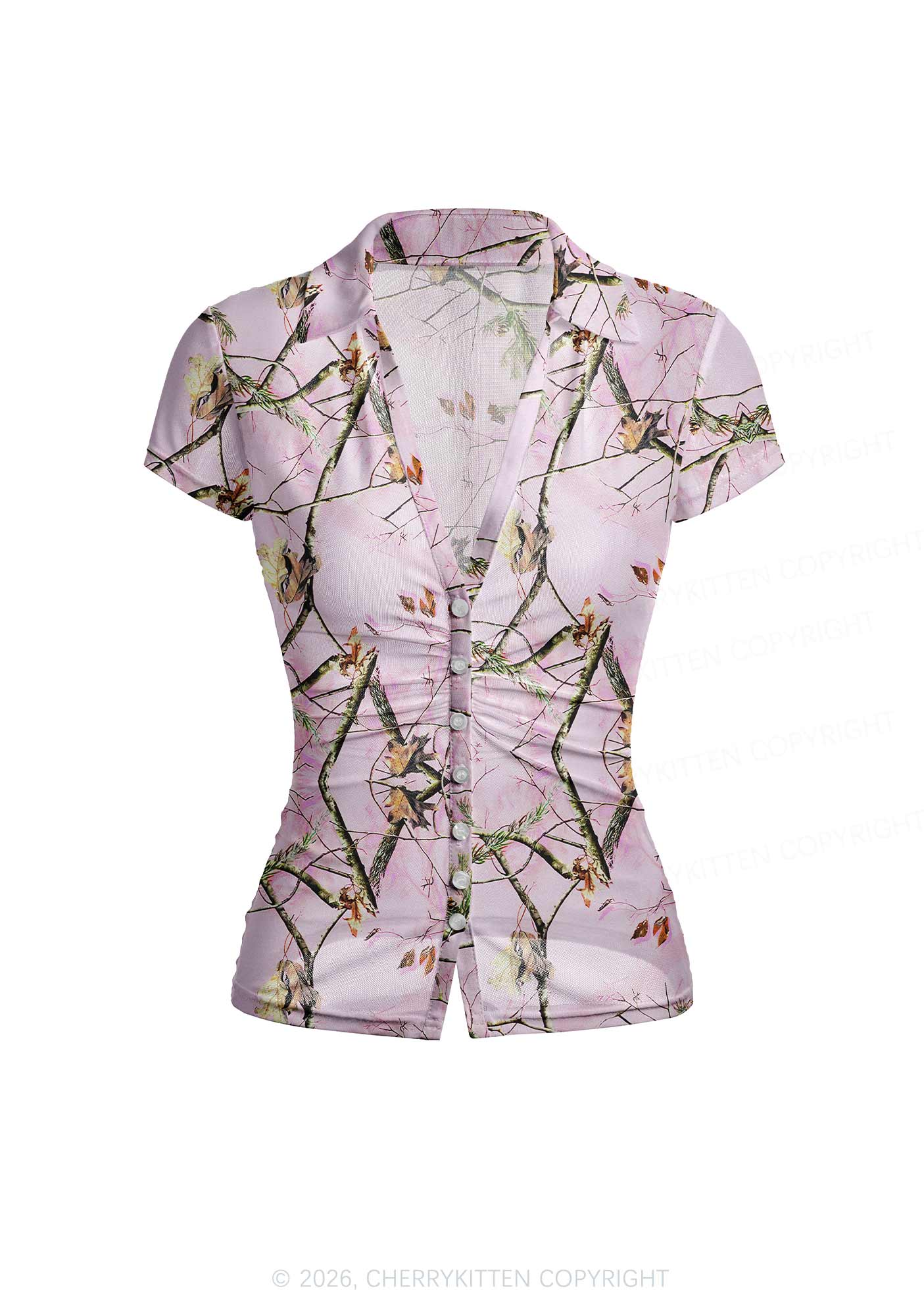 Pink Forest Camo Y2K Mesh Ruched Waist V Neck Top Cherrykitten
