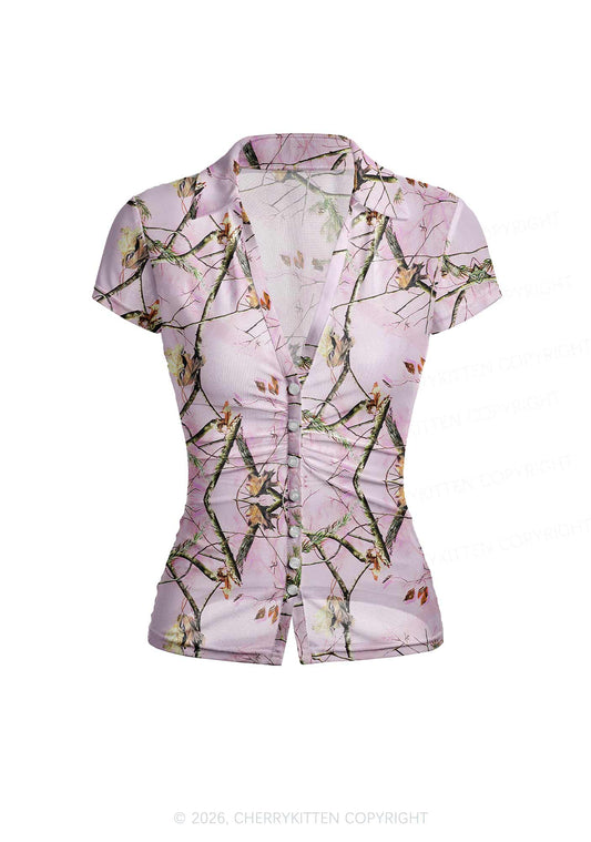 Pink Forest Camo Y2K Mesh Ruched Waist V Neck Top Cherrykitten