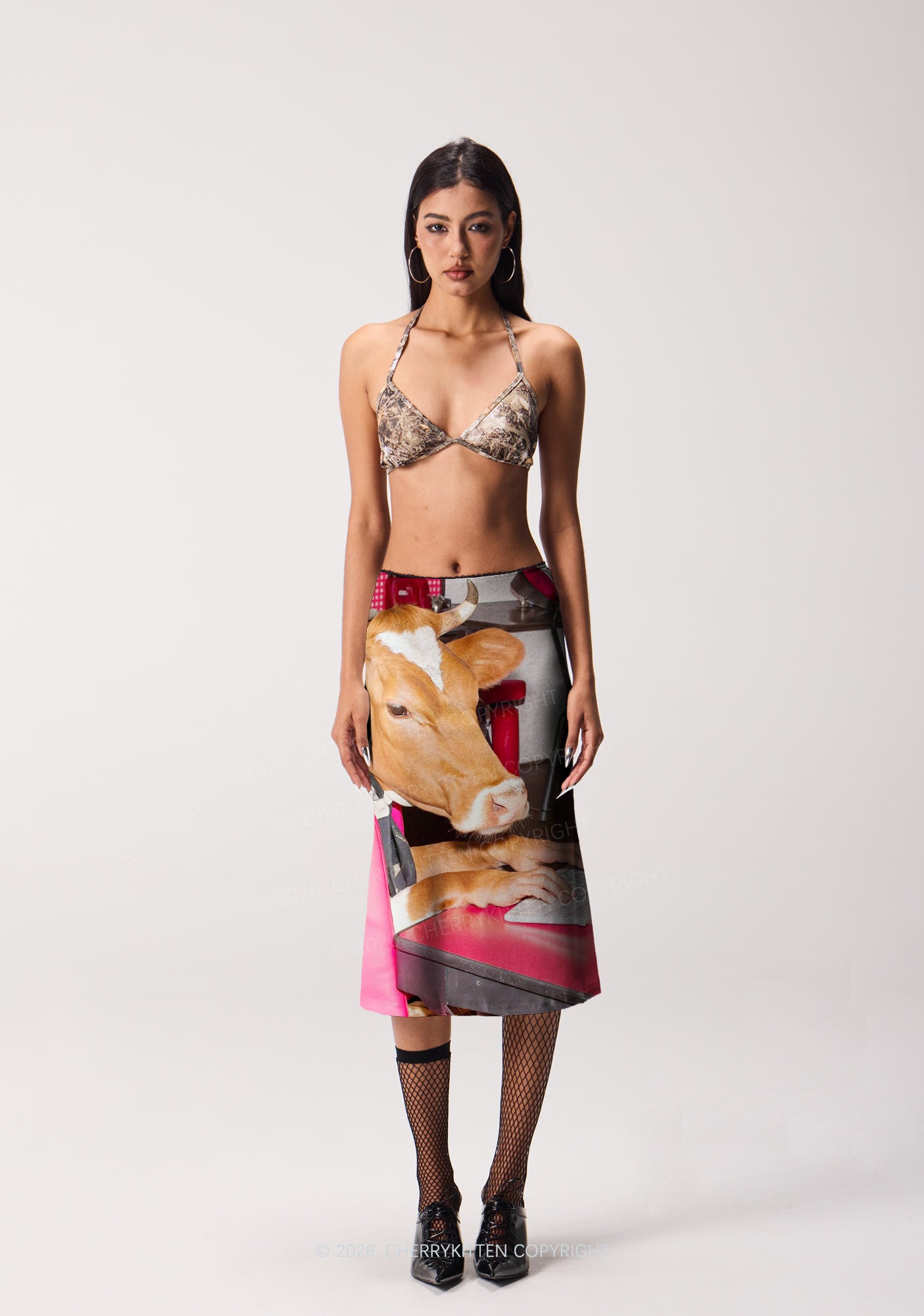 Cow Typing Keyboard Y2K Print Midi Skirt Cherrykitten