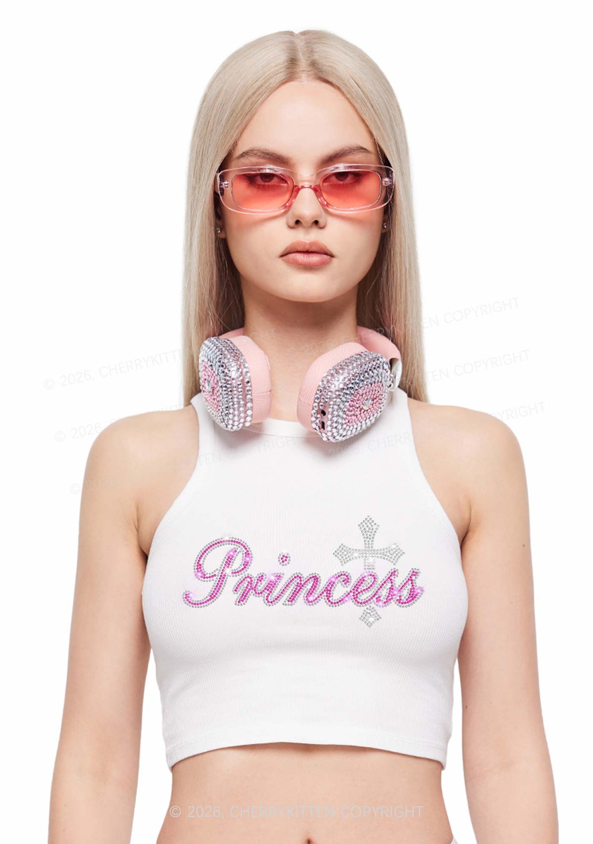 Rhinestone Princess Cross Y2K Crop Tank Top Cherrykitten