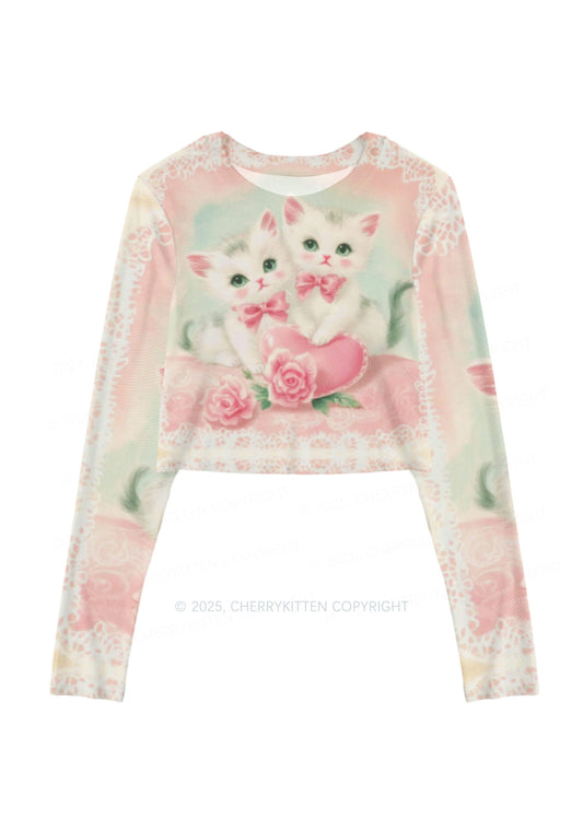 Rose Kitties Y2K Mesh Long Sleeve Crop Top Cherrykitten