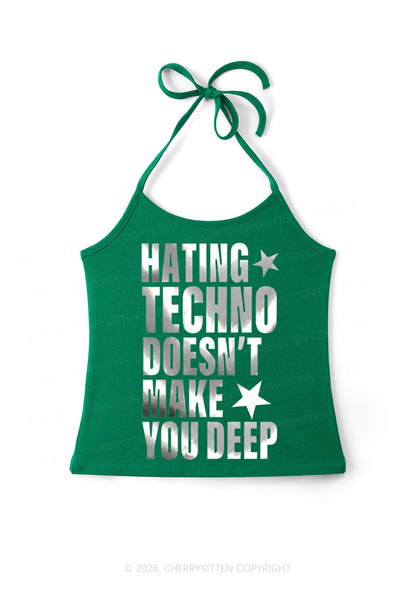 Hating Techno Silver Foil Printed Y2K Halter Neck Cami Cherrykitten