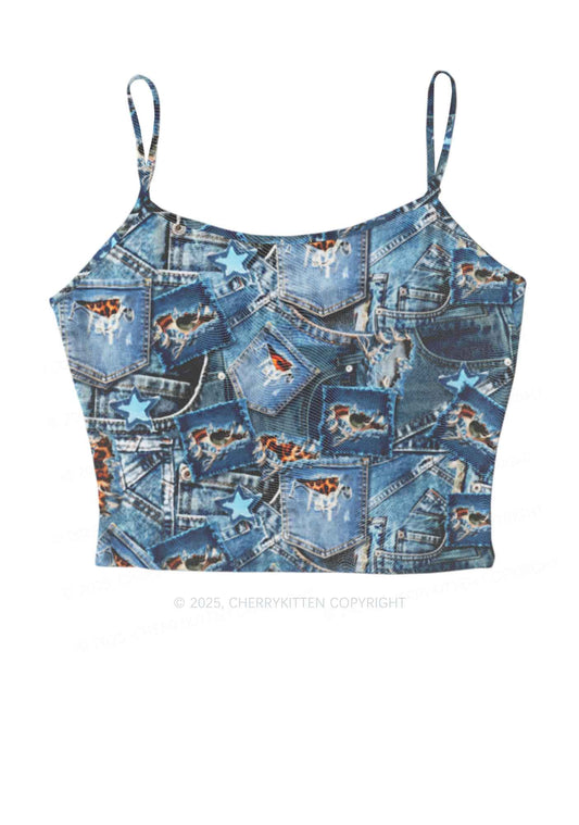 Denim Patchwork Y2K Mesh Cami Tank Cherrykitten